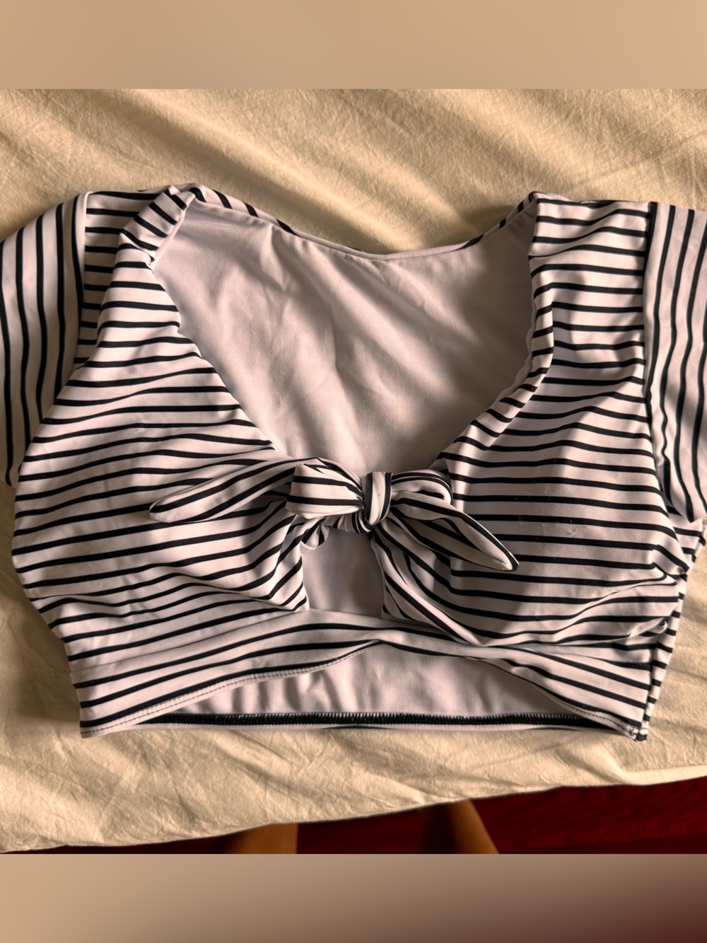 Striped Black & White Tie-Front Bikini Top